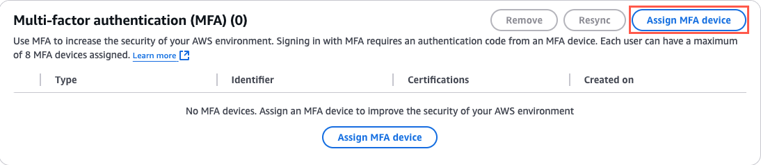 Multi-factor authentication (MFA) settings in AWS showing no MFA devices assigned, with an option to 'Assign MFA device' highlighted.