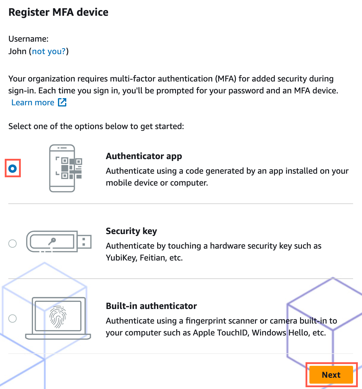 Registration screen for multi-factor authentication (MFA) device with options for authenticator app, security key, or built-in authenticator; 'Authenticator app' is selected, and a 'Next' button is highlighted.