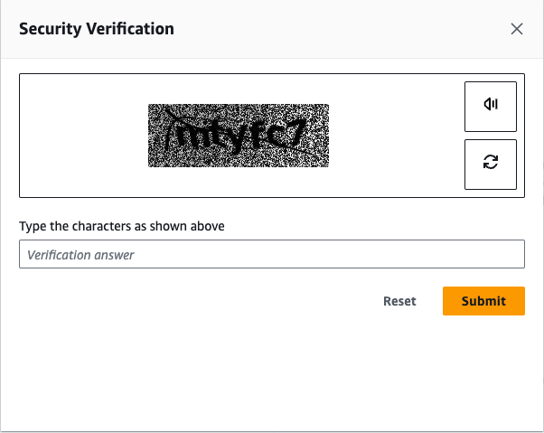 Security verification CAPTCHA with distorted text and options for audio or refresh.