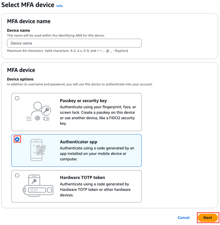 Select MFA device screen with options for Passkey or security key, Authenticator app (selected), and Hardware TOTP token, along with a 'Next' button highlighted in orange.