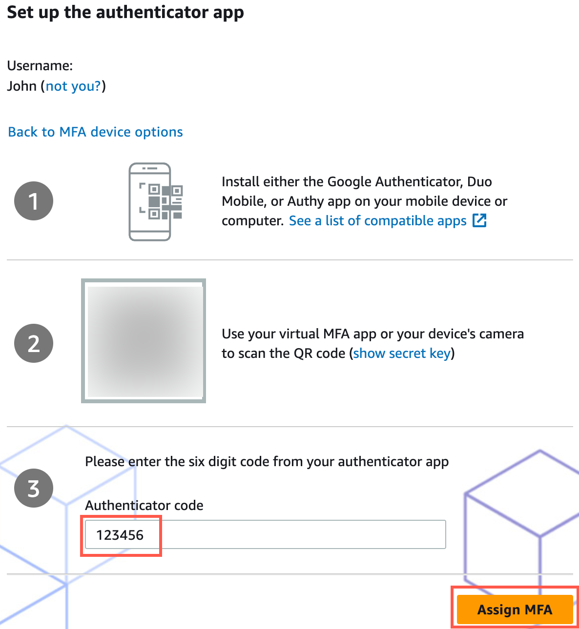 Setup instructions for an authenticator app, including steps to install an app, scan a QR code, and enter a six-digit code, with a highlighted 'Assign MFA' button.