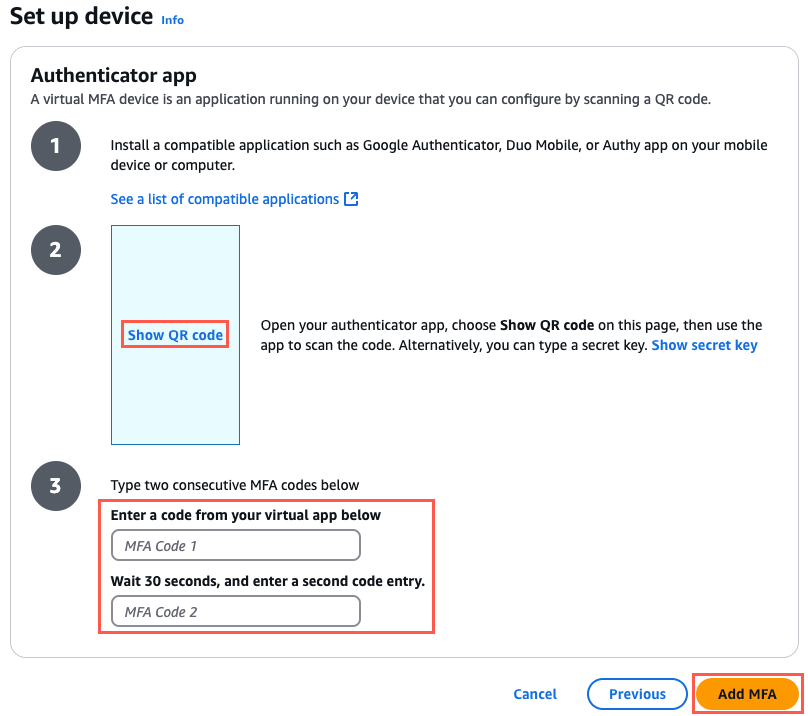 Setup instructions for an authenticator app, including steps to install the app, scan a QR code, and enter two consecutive MFA codes, with a highlighted 'Add MFA' button.