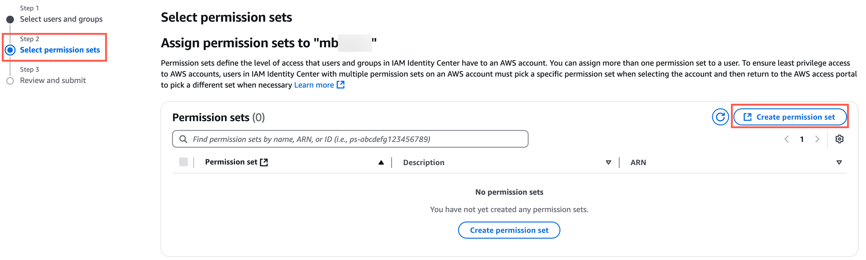 Step 2 of AWS IAM Identity Center setup showing 'Select permission sets' with no permission sets created and a highlighted 'Create permission set' button.