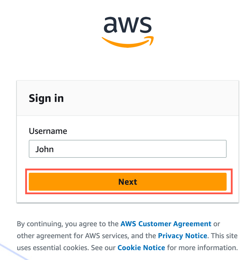Amazon Web Services (AWS) sign-in page with 'John' entered in the username field and an orange 'Next' button below.