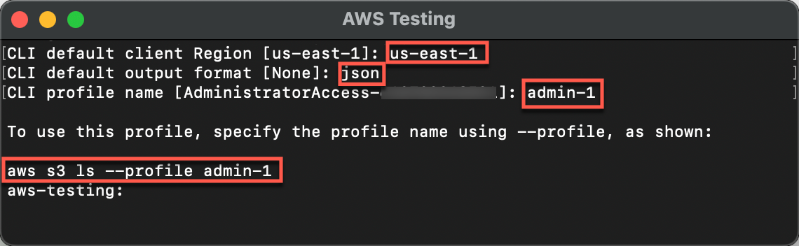 Terminal window showing AWS CLI configuration with region set to 'us-east-1', output format as 'json', and profile name as 'admin-1', with an example command to list S3 buckets using the profile.