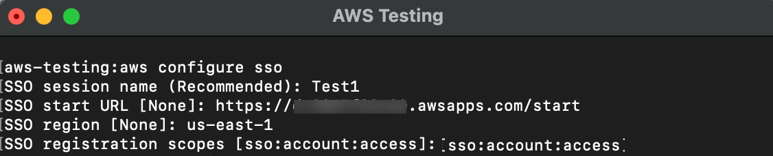 Terminal window showing IAM Identity Center configuration with session name "Test1," start URL partially redacted, region "us-east-1," and registration scopes.