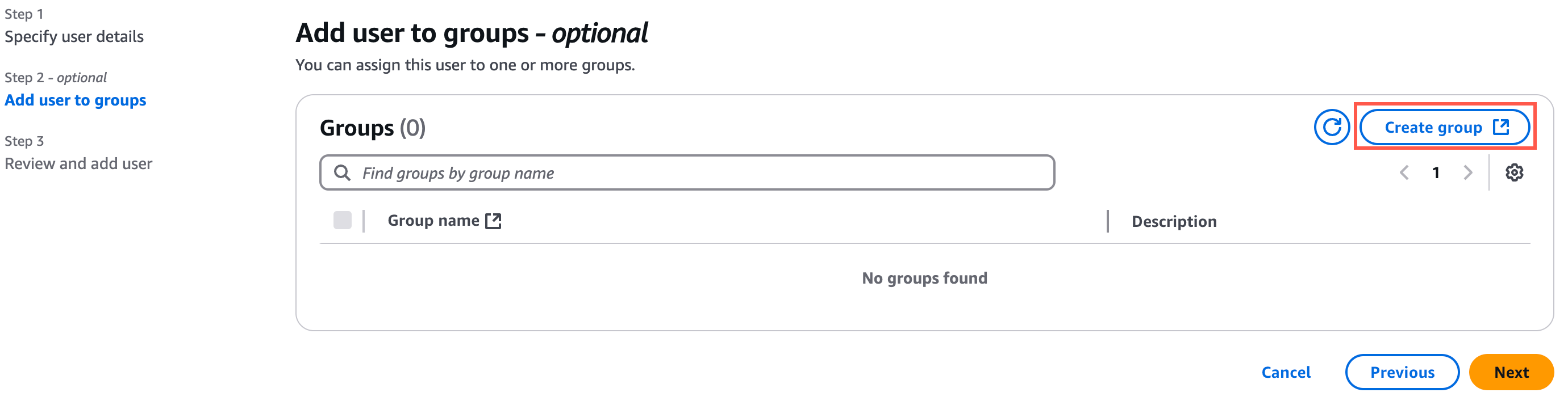 Add user to groups interface with a search bar, 'No groups found' message, and a highlighted 'Create group' button.