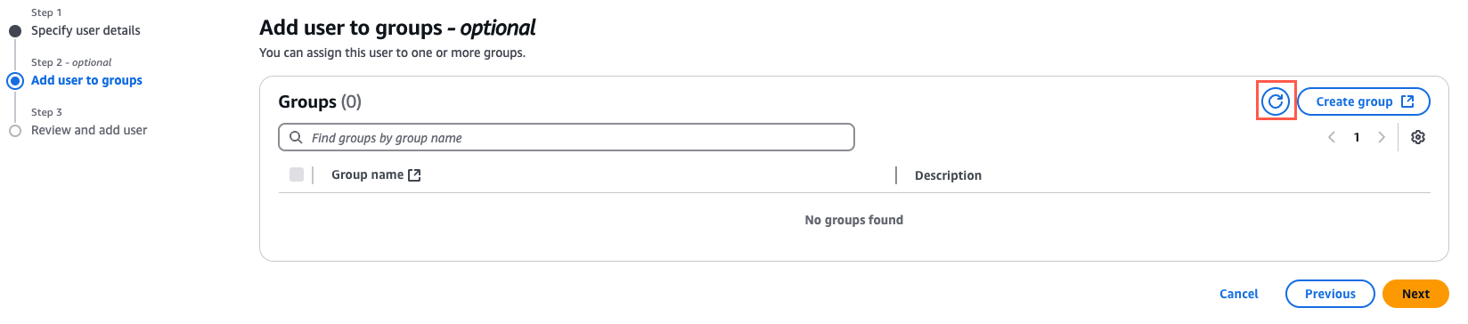 User interface for adding a user to groups, showing no groups found, with options to search, create a group, or navigate steps.