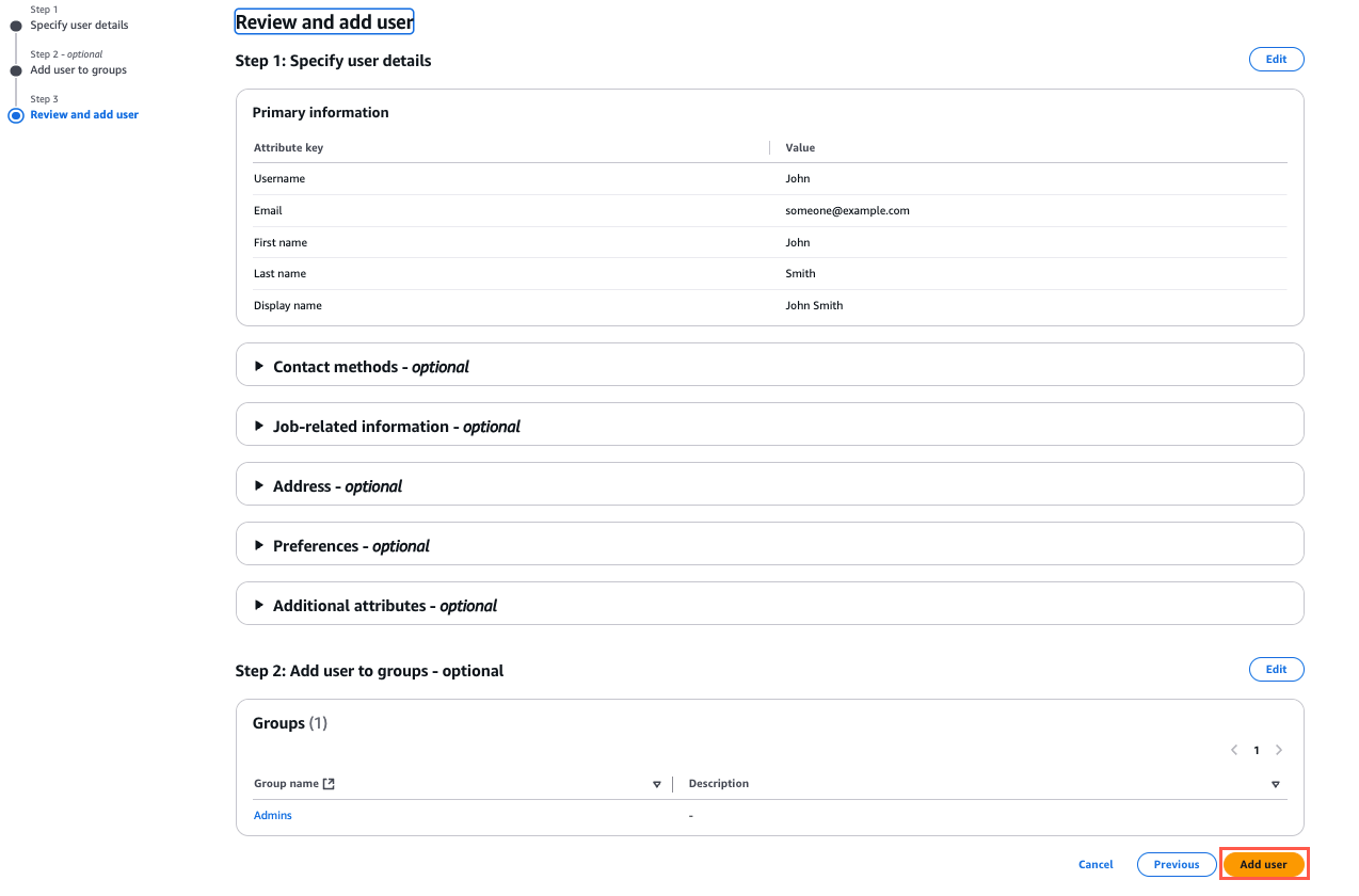 A user interface screen for reviewing and adding a user, showing primary information fields filled with example data, optional expandable sections, and a group assignment to "Admins.".