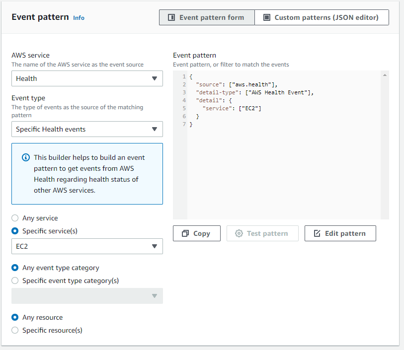 
          Screenshot of how to create a EventBridge rule for all Amazon EC2 events only.
        