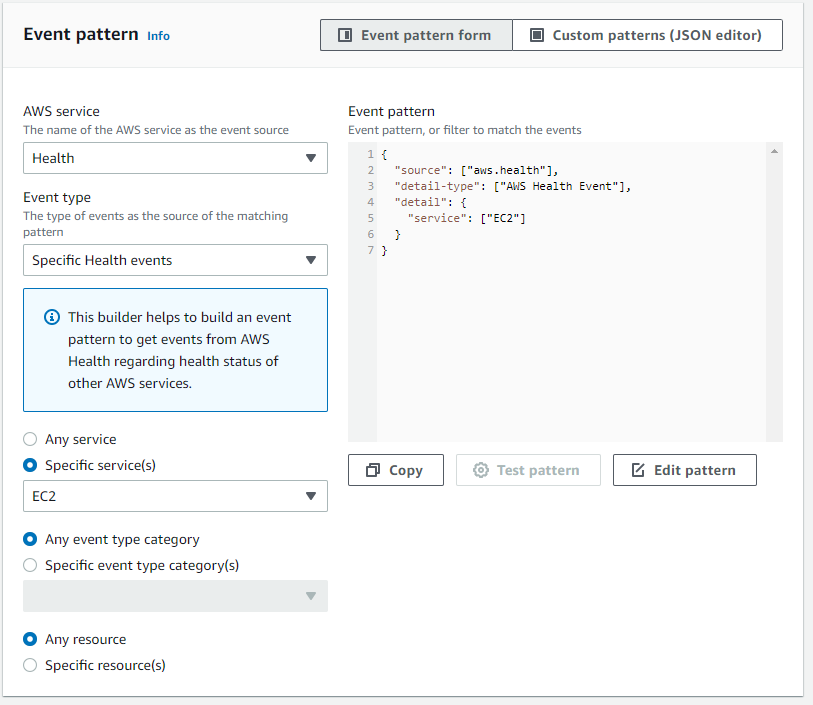 Screenshot of how to create a EventBridge rule for all Amazon EC2 events only.