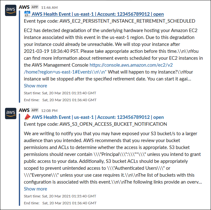 
          Screenshot of how two AWS Health events appear in a Slack channel.
        