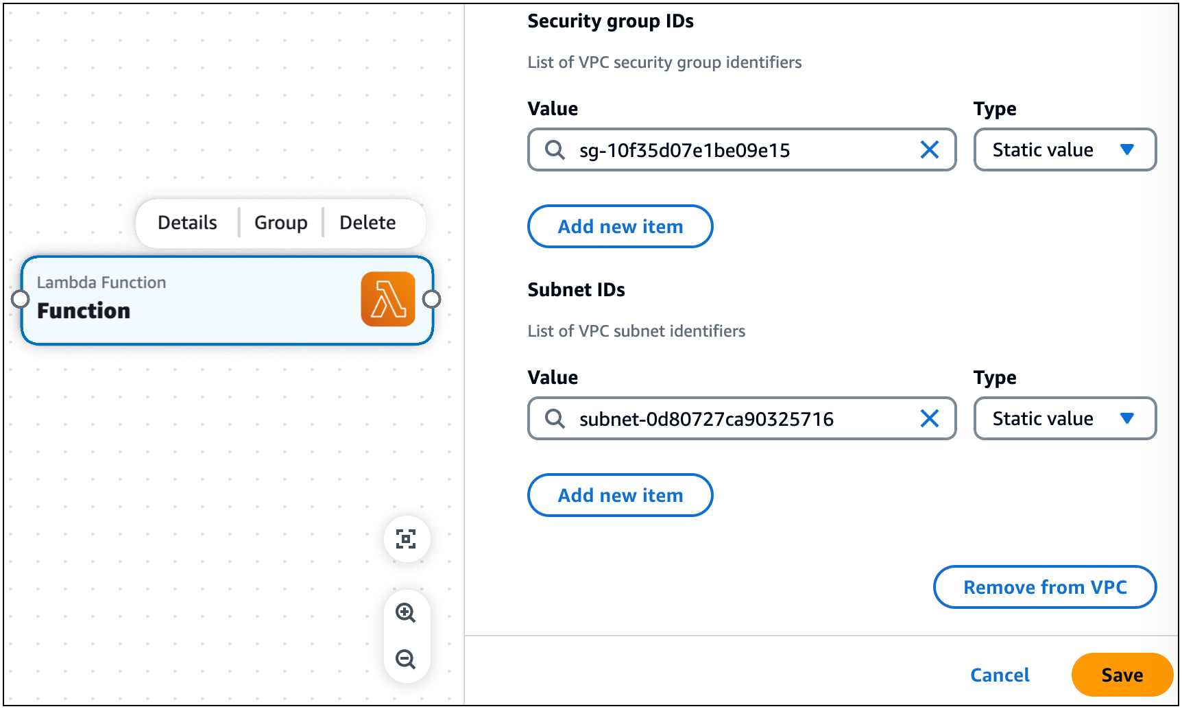 The Resource properties panel of a Lambda Function card with static values being provided in the Security group ID field.