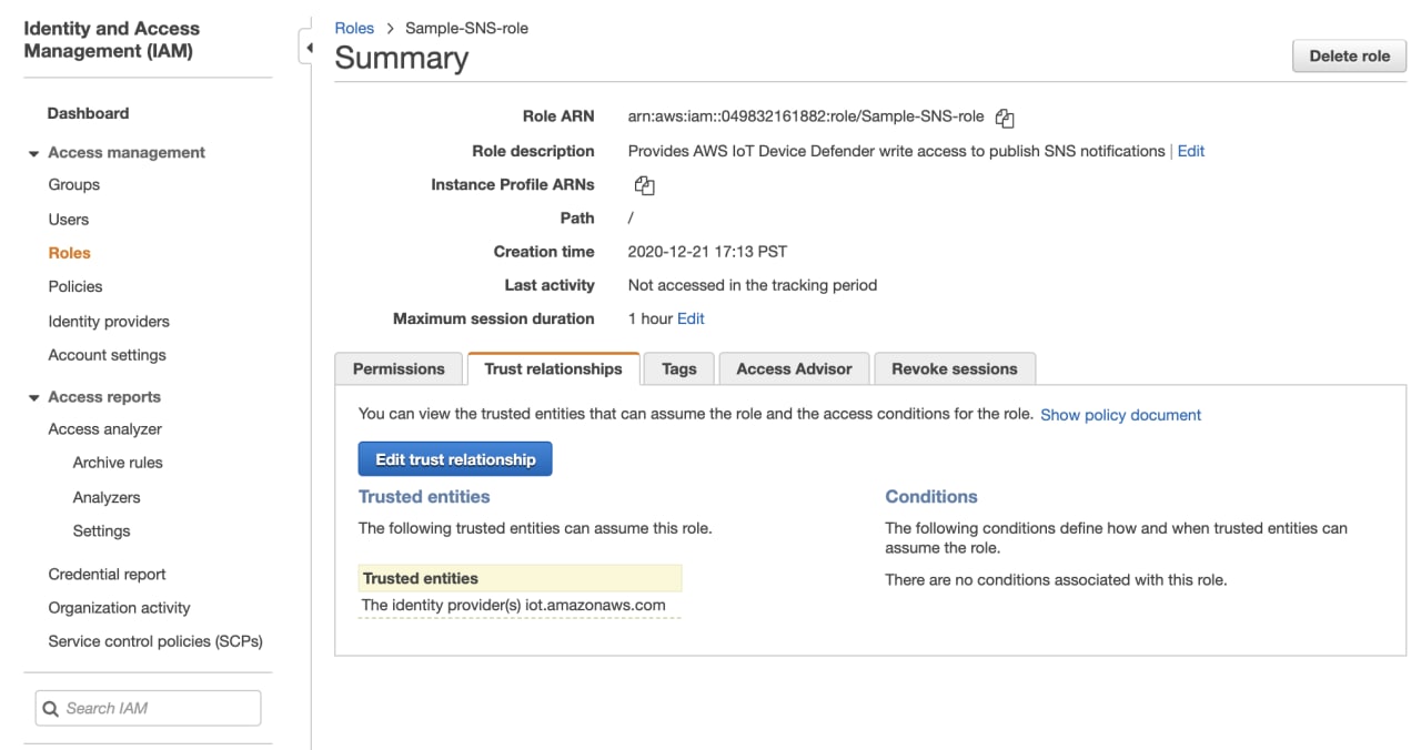IAM Sample-SNS-role summary showing role ARN, role description providing AWS IoT Device Defender write access to publish SNS notifications, path, creation time, and trusted entities
