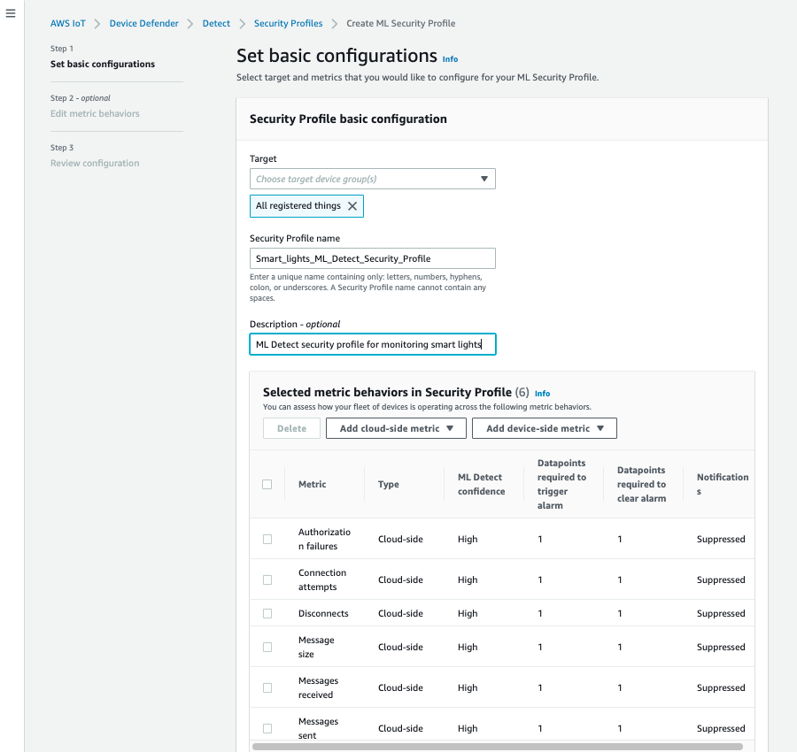 Create ML Security Profile configuration page with all registered things selected as target, metric behaviors listed such as authorization failures and connection attempts, and options to add cloud- or device-side metrics.