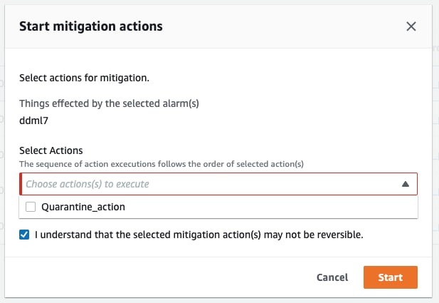 Mitigation actions dialog with "udml7" listed as the affected thing, checkbox to confirm irreversible actions, and dropdown to choose action(s) to execute.