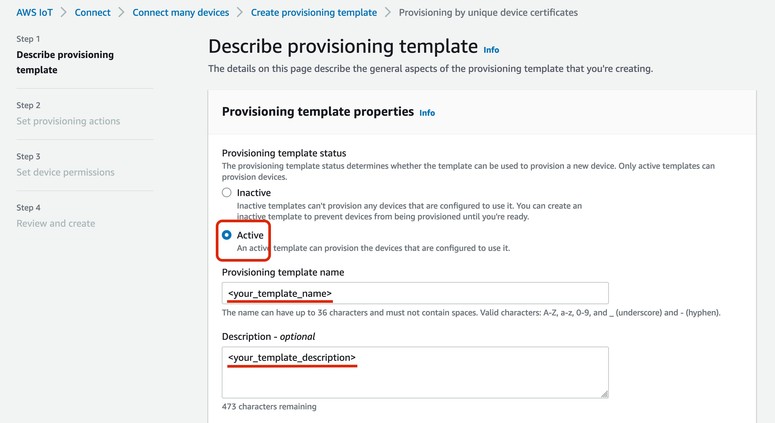 AWS IoT provisioning template configuration screen with options to set template status as active or inactive, specify template name, and provide an optional description.