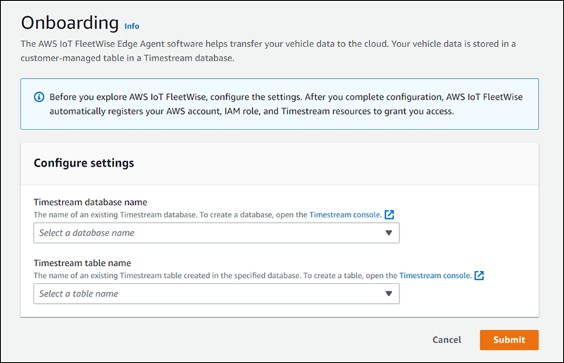 
     The AWS IoT FleetWise Settings page that shows how to configure the service settings.
    