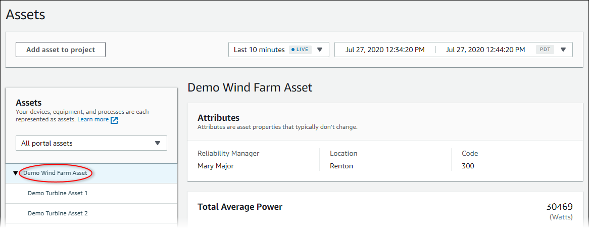 The "Assets" page, with a factory asset and its properties.