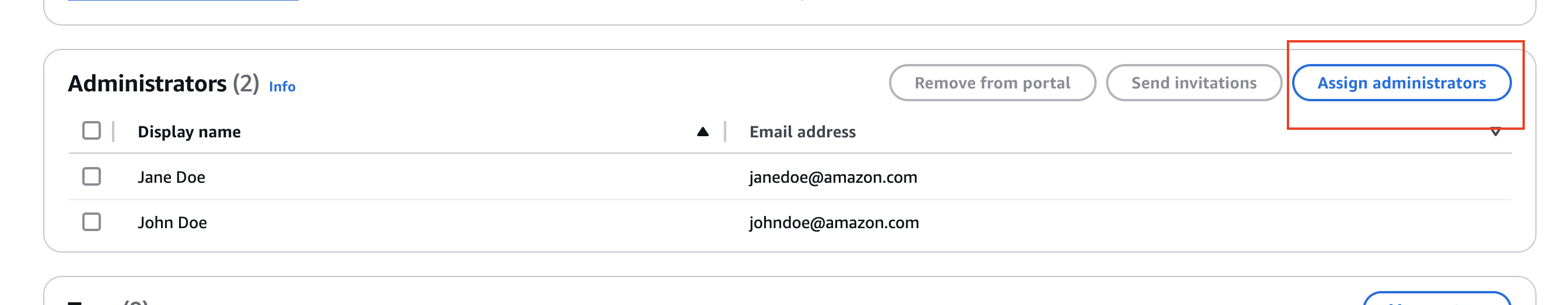 Portal administrators section of the portal details page.