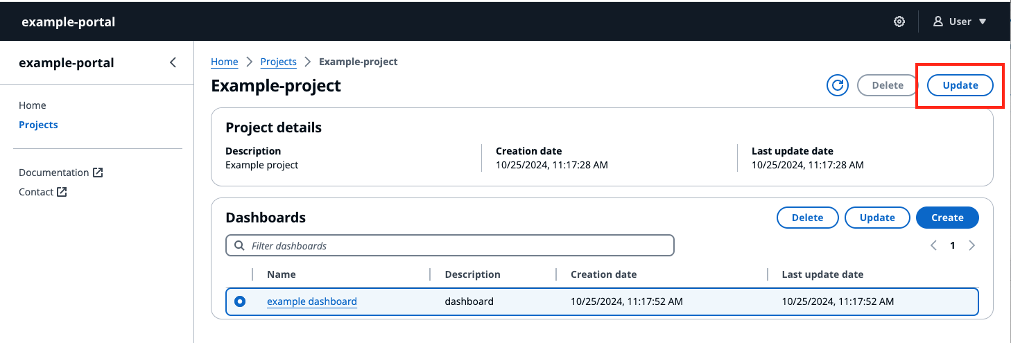 The IoT dashboard Project details page with Update highlighted.