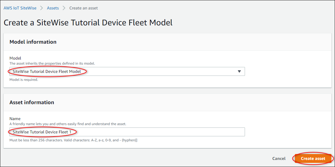 
            AWS IoT SiteWise "Create an asset" screenshot for a SiteWise Tutorial Device Fleet asset.
          