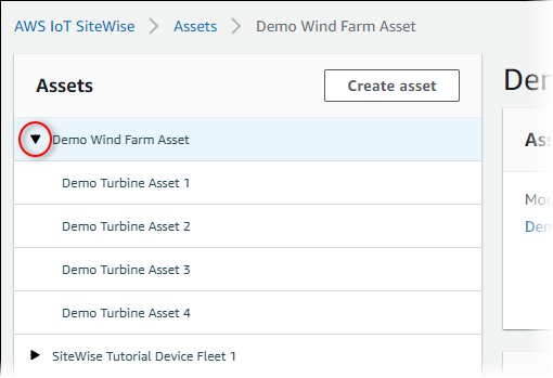 
        AWS IoT SiteWise "Assets" page screenshot with an asset hierarchy
          highlighted.
      
