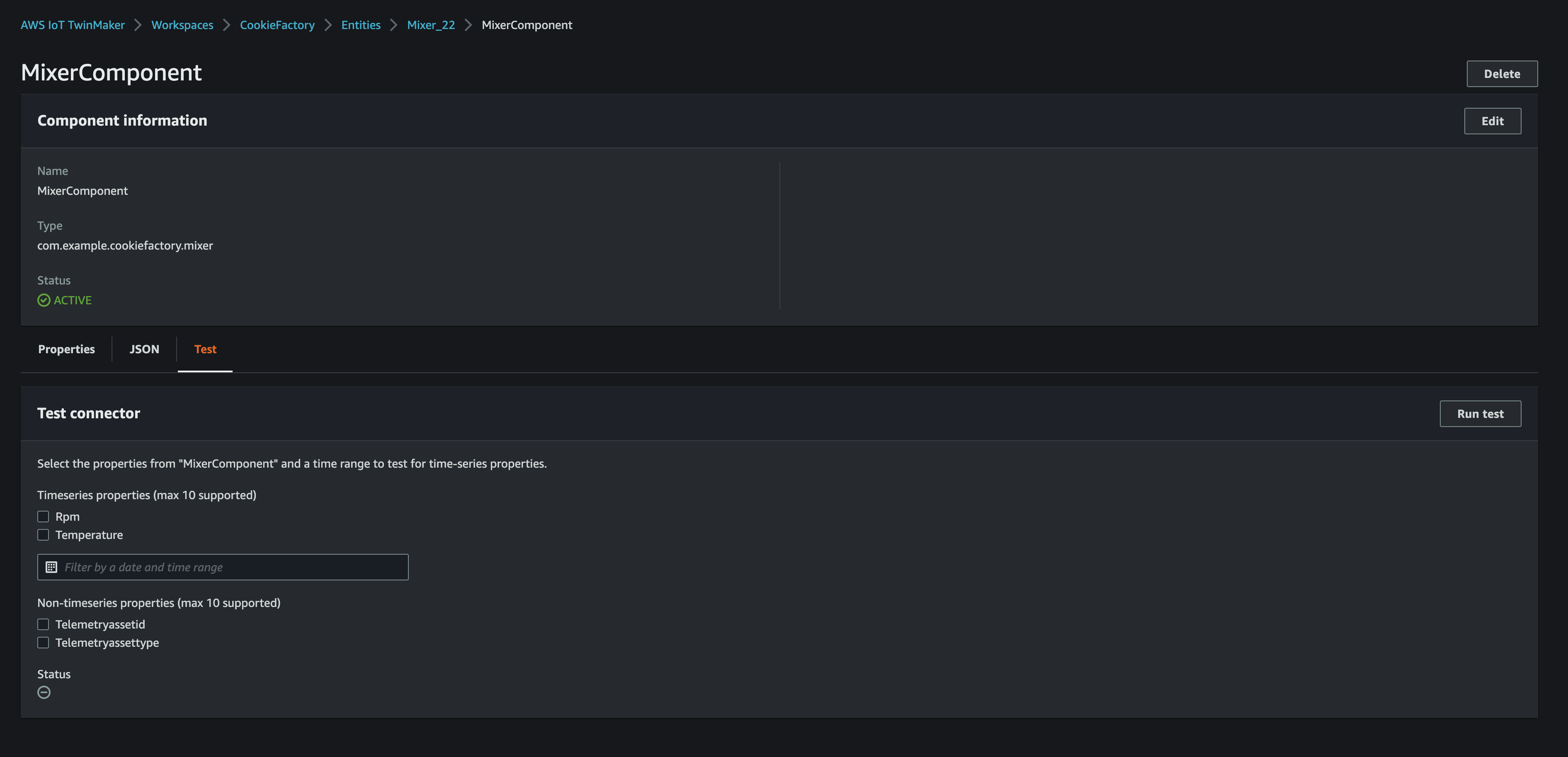 A TwinMaker Component information console page shows the component's 
                    name, type, status, and so on.