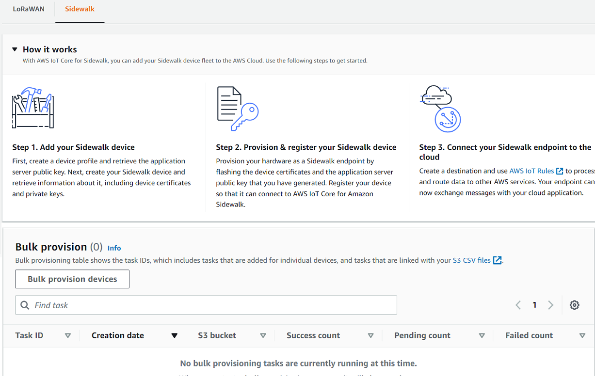 Use the AWS IoT console to bulk provision Sidewalk devices.