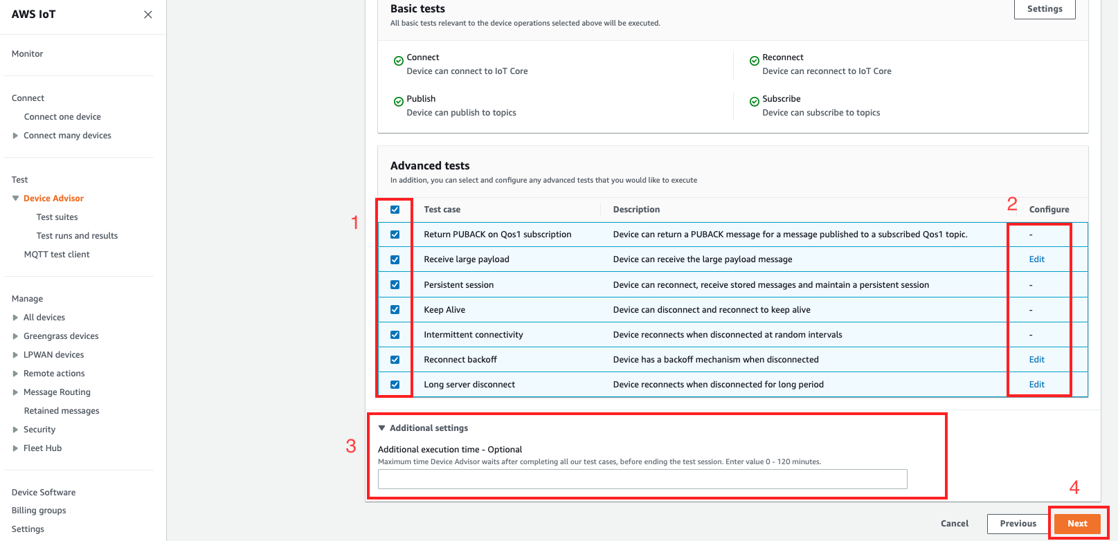 
                        The Device Advisor interface that allows you to configure and run tests on IoT devices.
                    