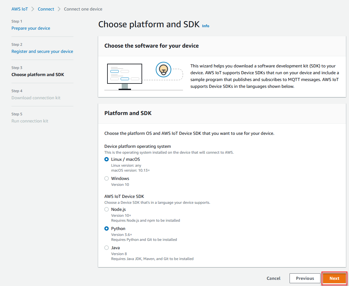 
                            AWS IoT console choose platform and SDK
                        