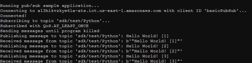 
                            AWS IoT console quick start example program output.
                        