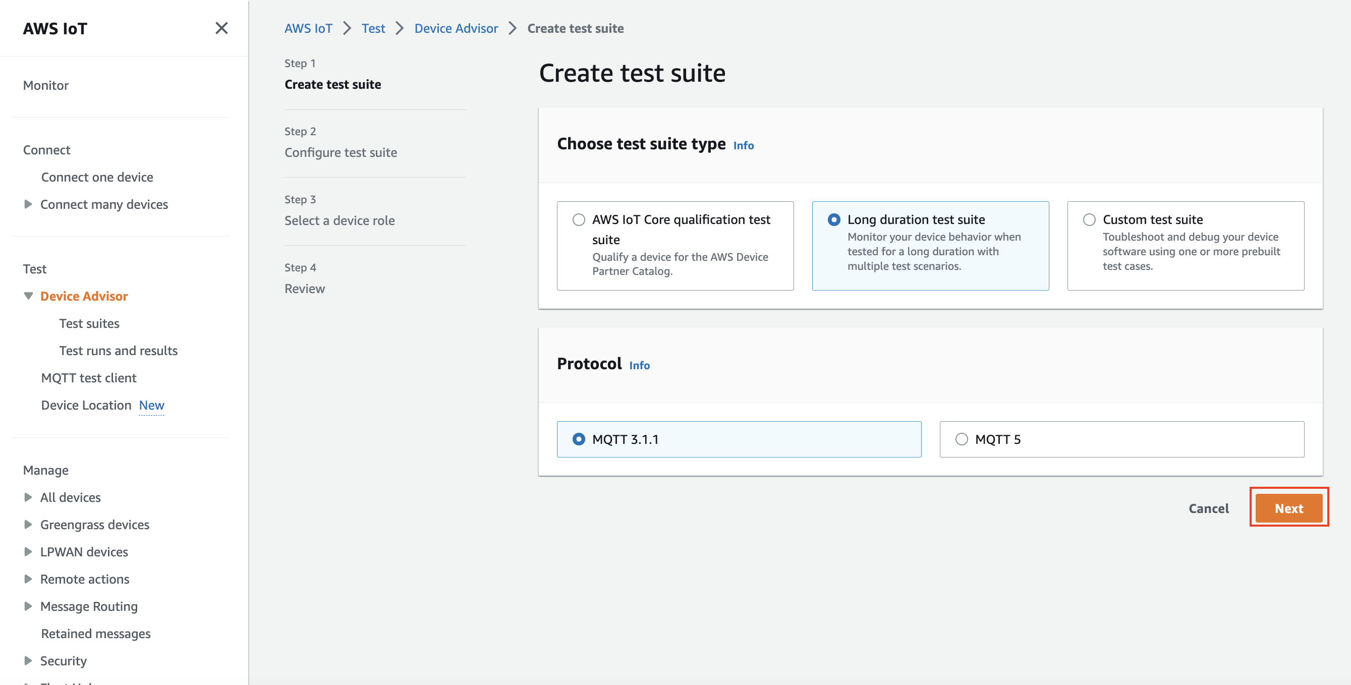 
                        The Create test suite step of the Device Advisor console.
                    