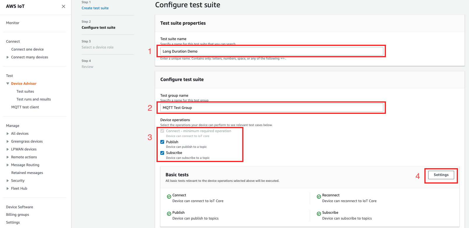 
                        The Create test suite step of the Device Advisor console.
                    