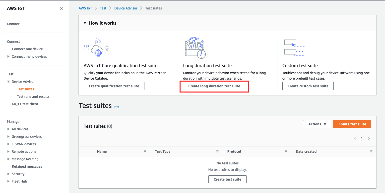 
                        The Create long duration test suite section of the Device Advisor console.
                    