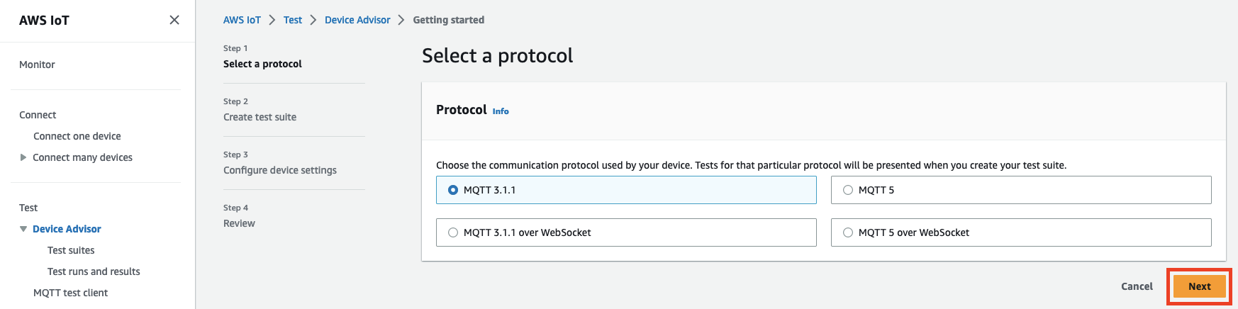 
                        
                            Device Advisor interface showing options to select a communication protocol (MQTT 3.1.1, 
                            MQTT 3.1.1 over WebSocket, MQTT 5, MQTT 5 over WebSocket) for testing an IoT device.
                        
                    