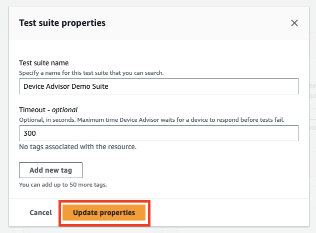 
                        Form to update properties of a test suite, including name, timeout, and ability to add tags. 
                            Contains a "Update properties" button.
                    
