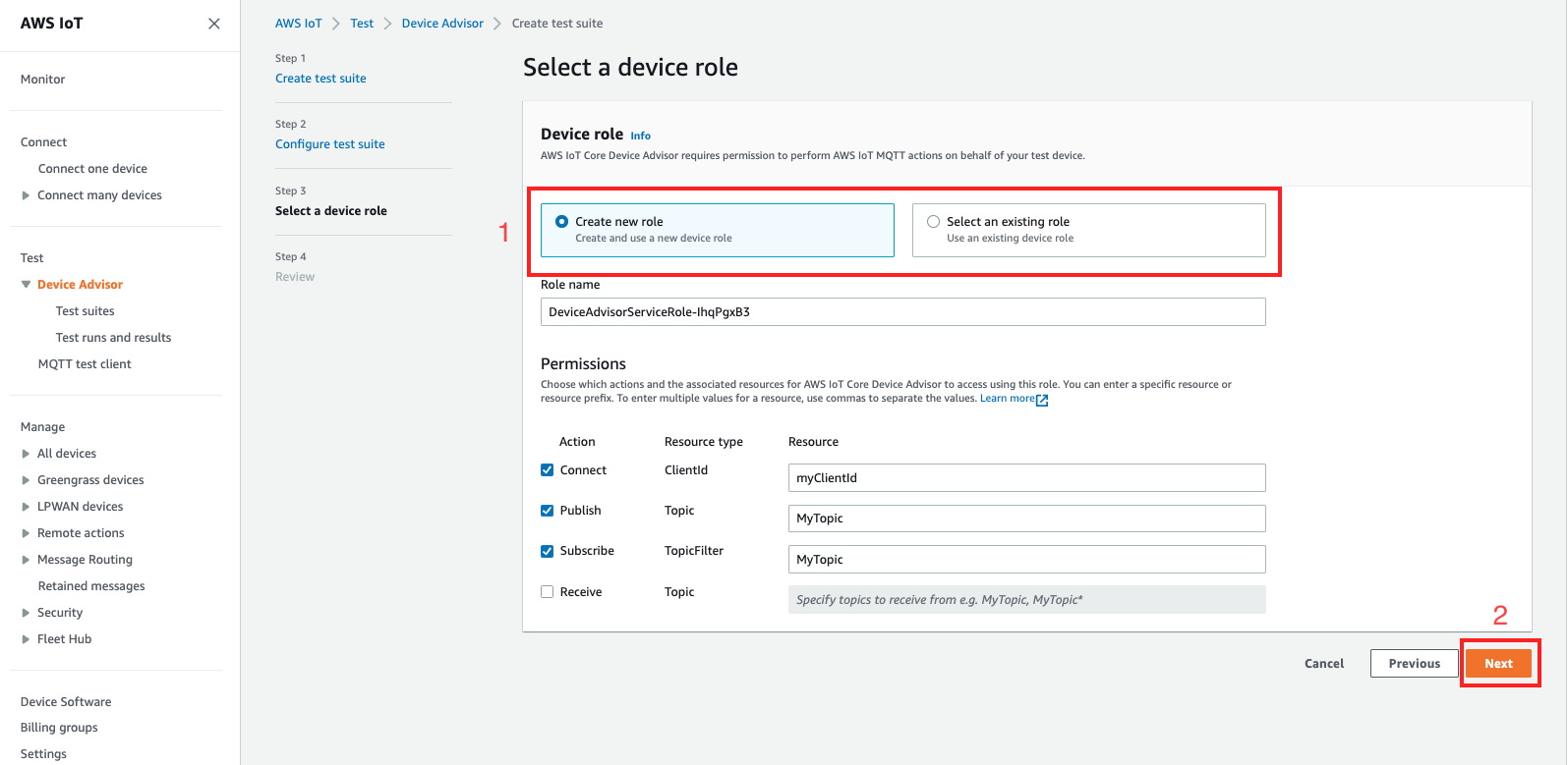 
                        The device role step where you can create a new role or select an existing role for the device being tested. 
                            The role grants permissions for Device Advisor to perform MQTT actions like Connect, Publish, and Subscribe on behalf of the test device.
                    