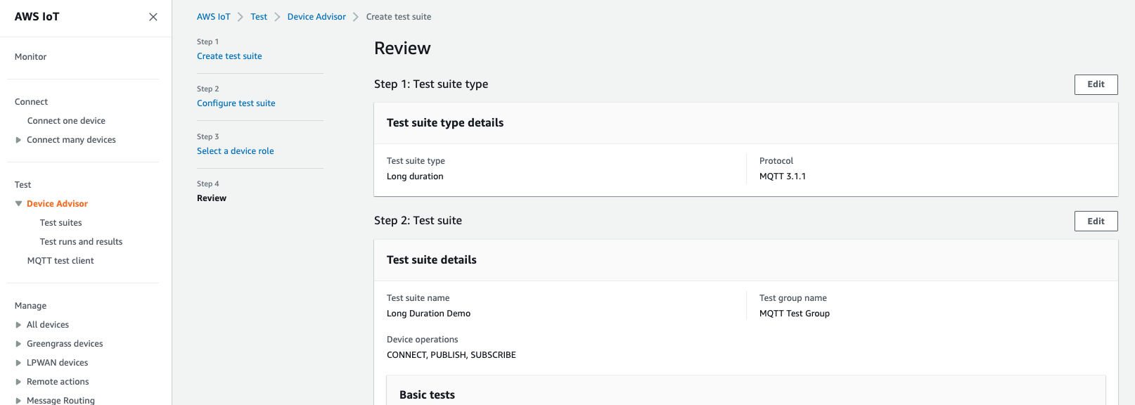 
                        The "Review" page where you can review all the details of the Device Advisor configuration.
                    