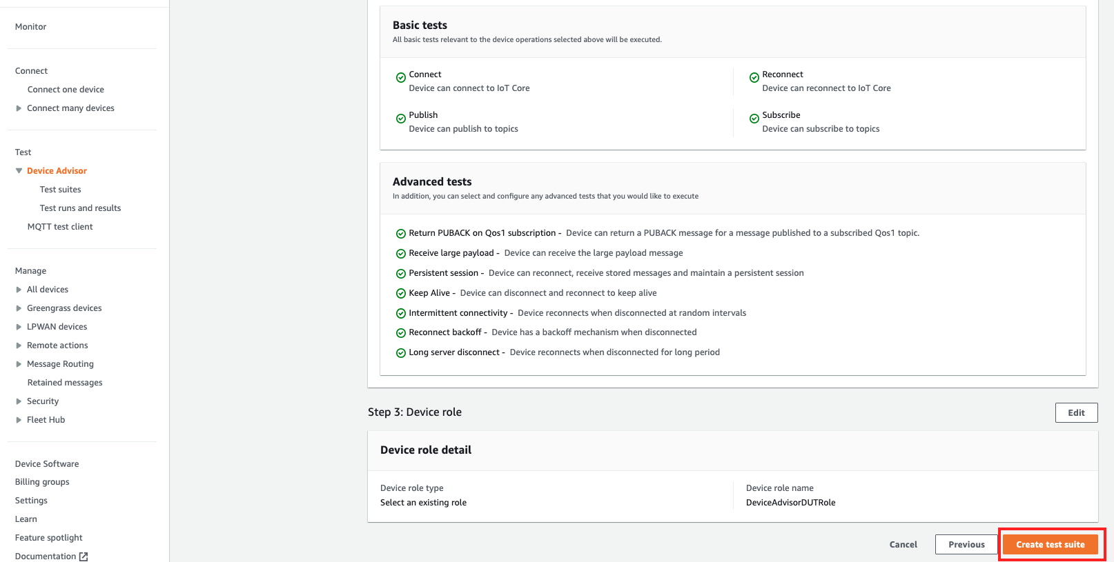 
                        The configuration page where you can view all the details for Device Advisor.
                    