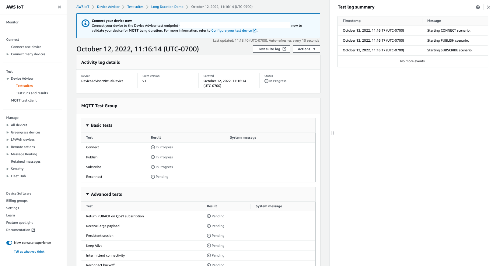 
                        The Test log summary section on the page of the "Long Duration Demo" test.
                    