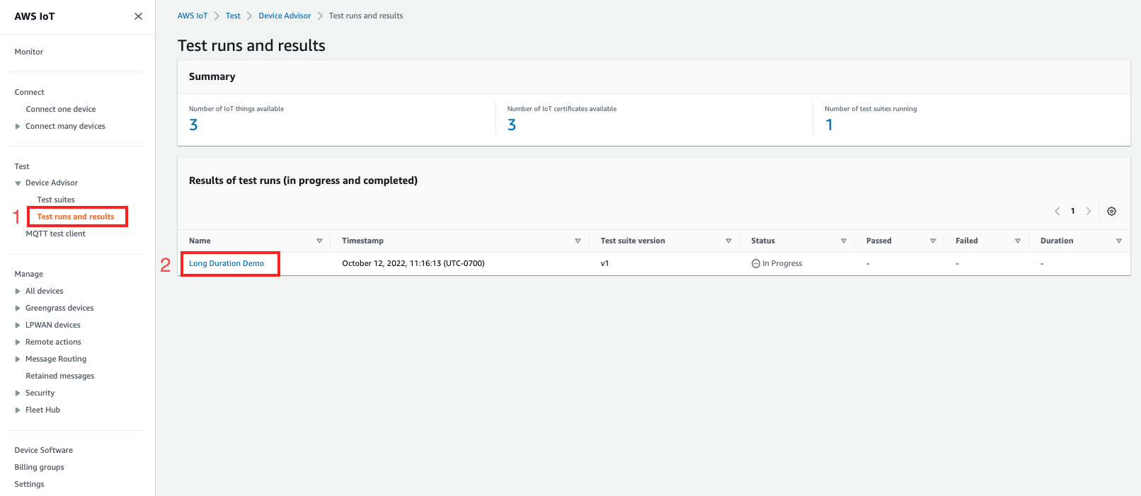 
                        The "Long Duration Demo" test case on the Test runs and results page.
                    