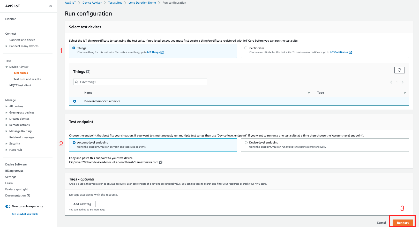 
                        The Run configuration page in the Device Advisor interface. The page shows Select test devices, Things, Test endpoint, and Tags.
                    