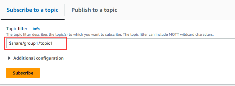 
                            The tab that shows how to specify a topic filter for shared
                                subscriptions.
                        