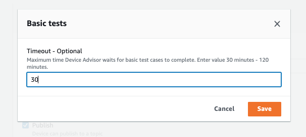 
                        The "Timeout-optional" box for "Basic tests" of the Device Advisor console.
                    