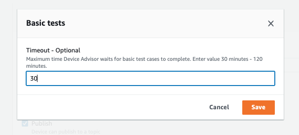 The "Timeout-optional" box for "Basic tests" of the Device Advisor console.