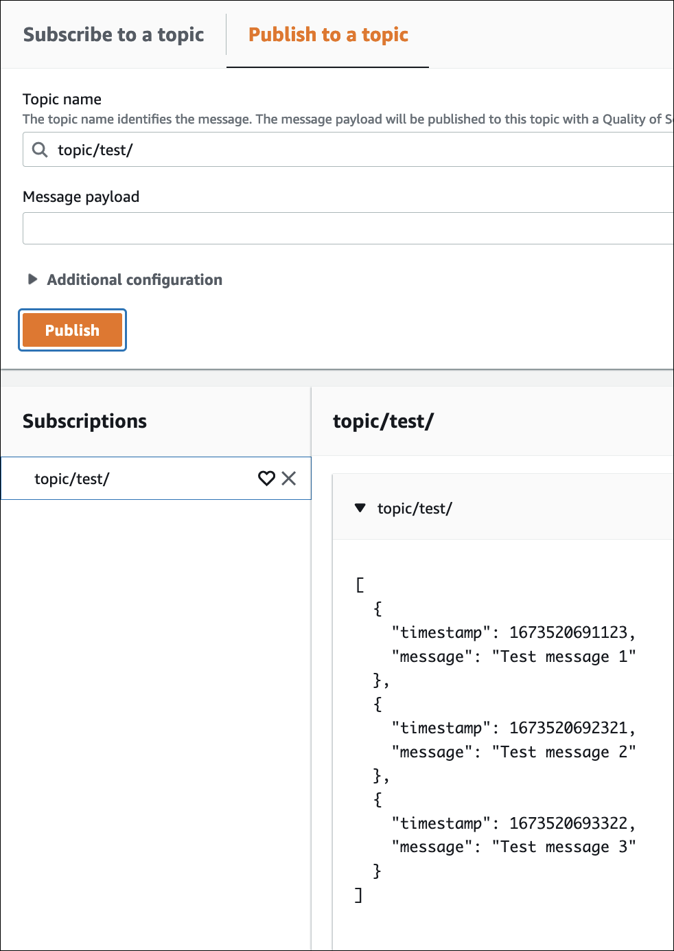 MQTT messages appearing in the Subscriptions and Topic table.