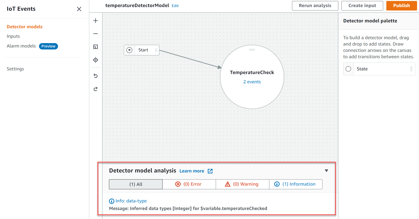
                    Screenshot of how to analyze detector models in the AWS IoT Events
                        console.
                