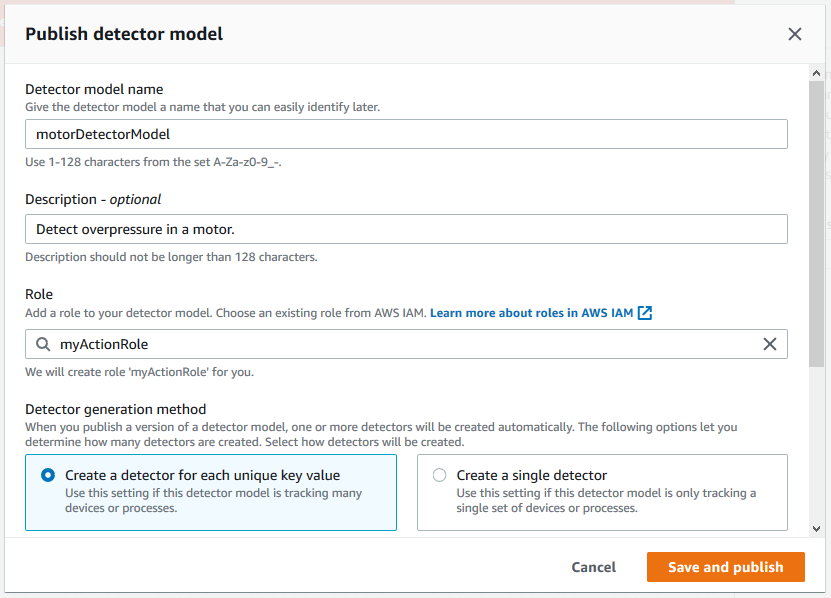 
                Publish a detector model in the AWS IoT Events console.
              