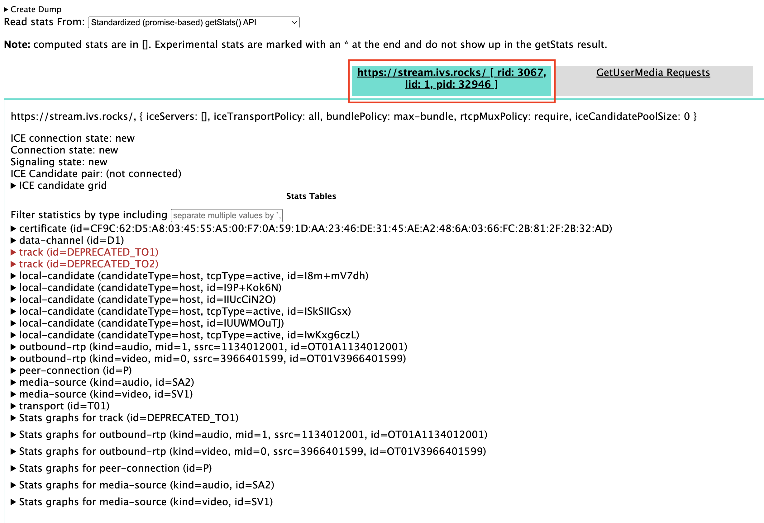 The Chrome webrtc-internals tab, showing that the correct page is displayed.